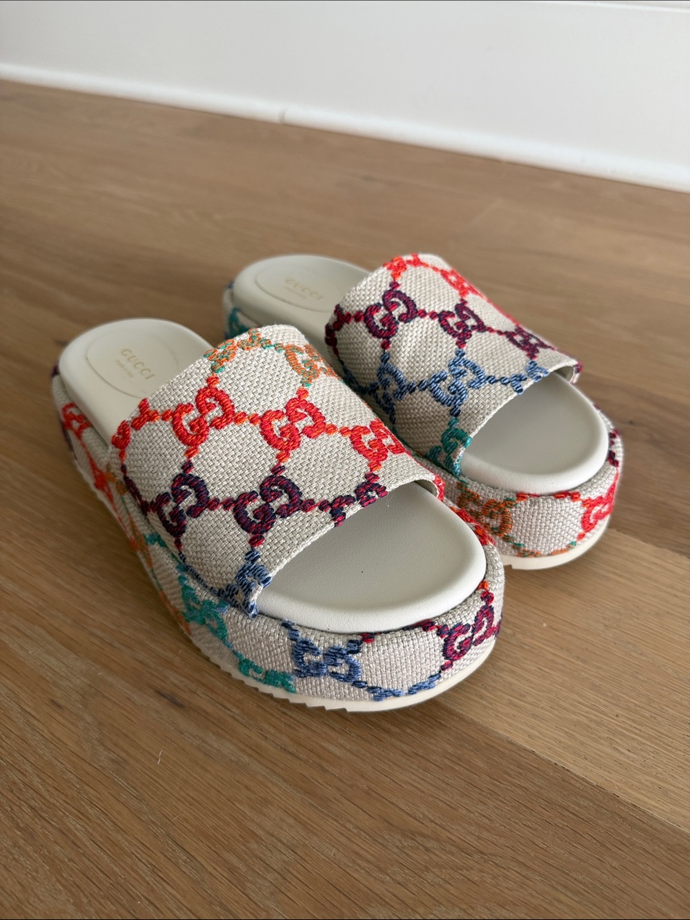 Gucci Multicolor GG Embroidered Canvas Platform Slides